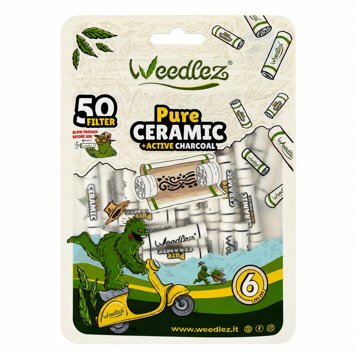 Confezione fronte del filtro Weedlez Pure Ceramic 6 mm, 50 filtri con carbone attivo