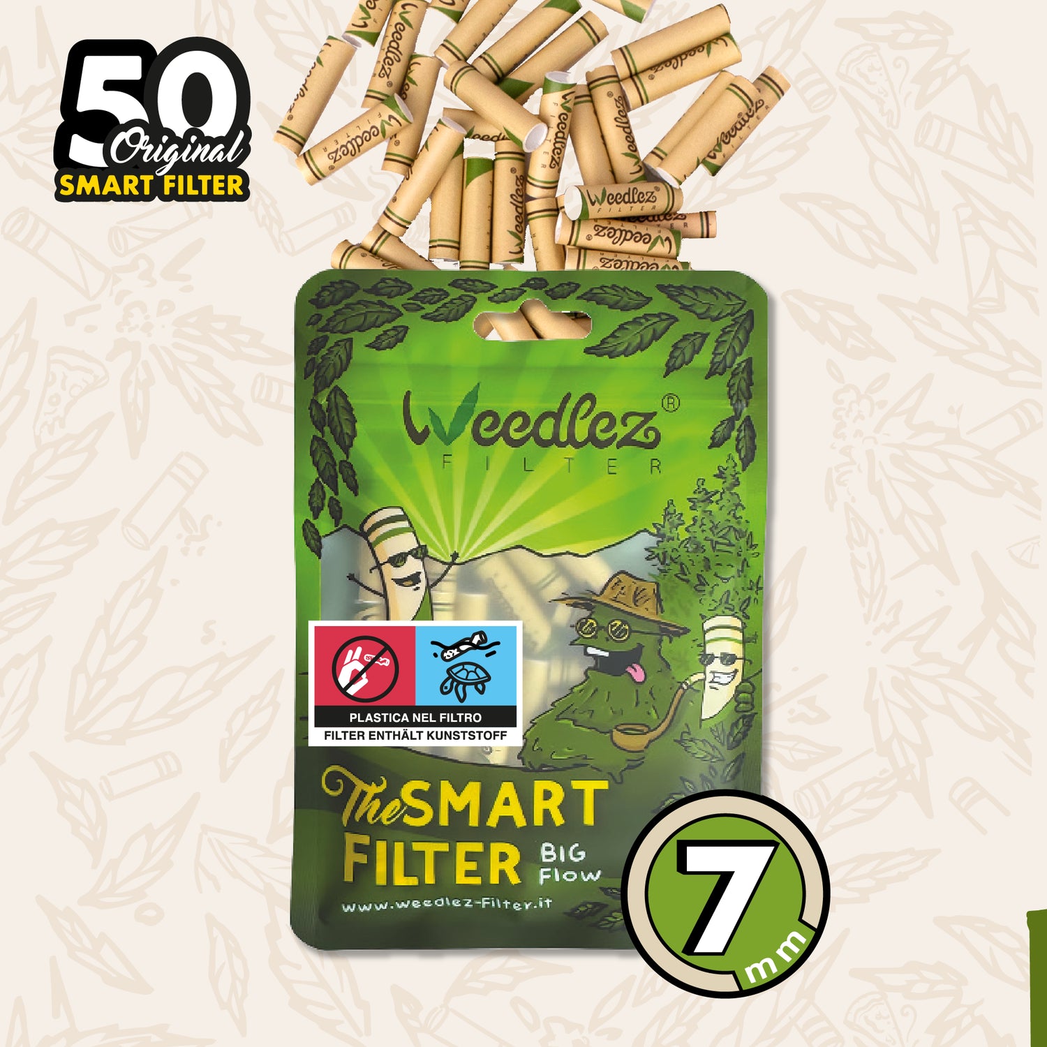 Weedlez® Big Flow 7mm — Filtro Maxi Premium a Carboni Attivi | 50pz