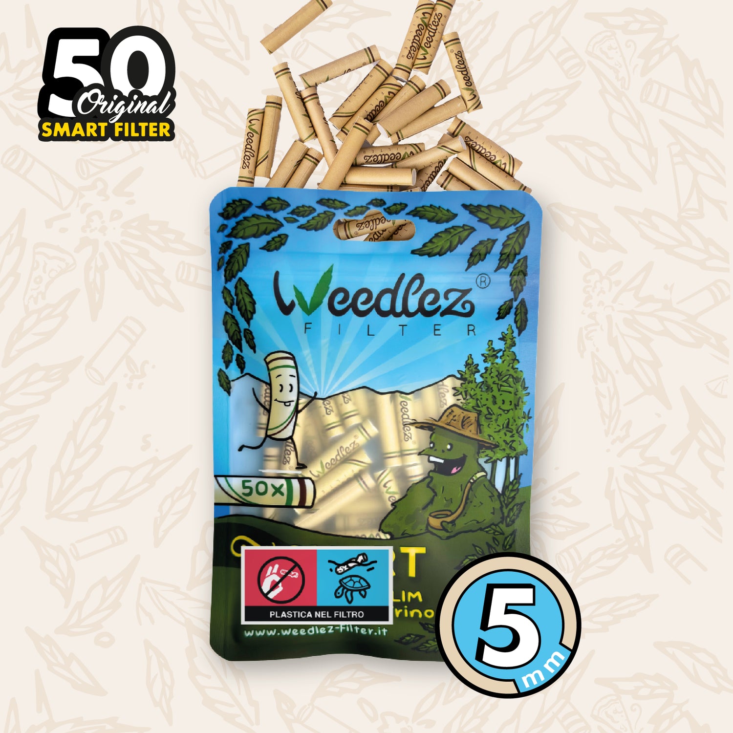 Weedlez® Slim Trino 5mm — Filtro Slim Premium a Carboni Attivi | 50pz